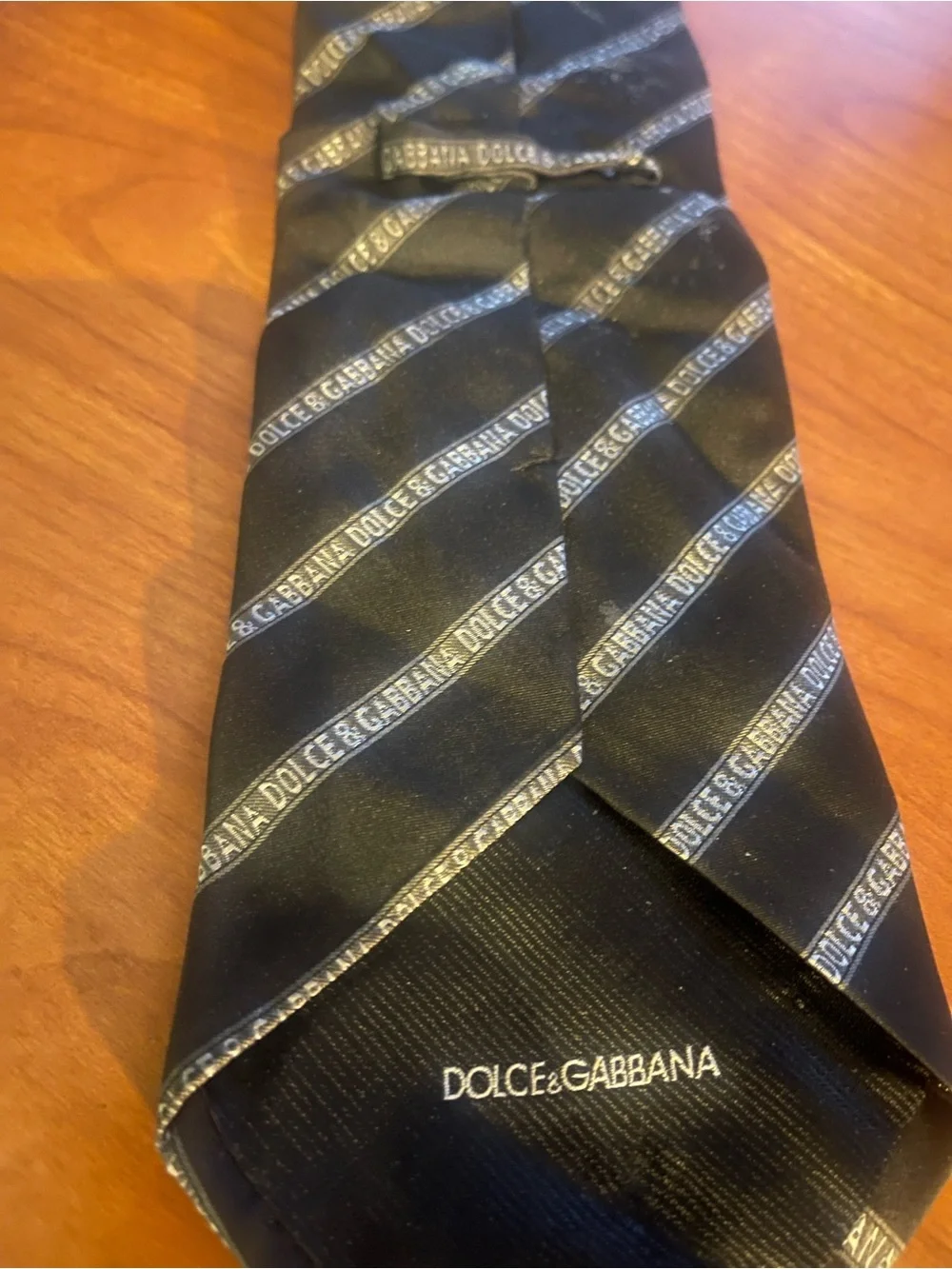 Dolce & Gabbana Black Striped Logo Silk Tie